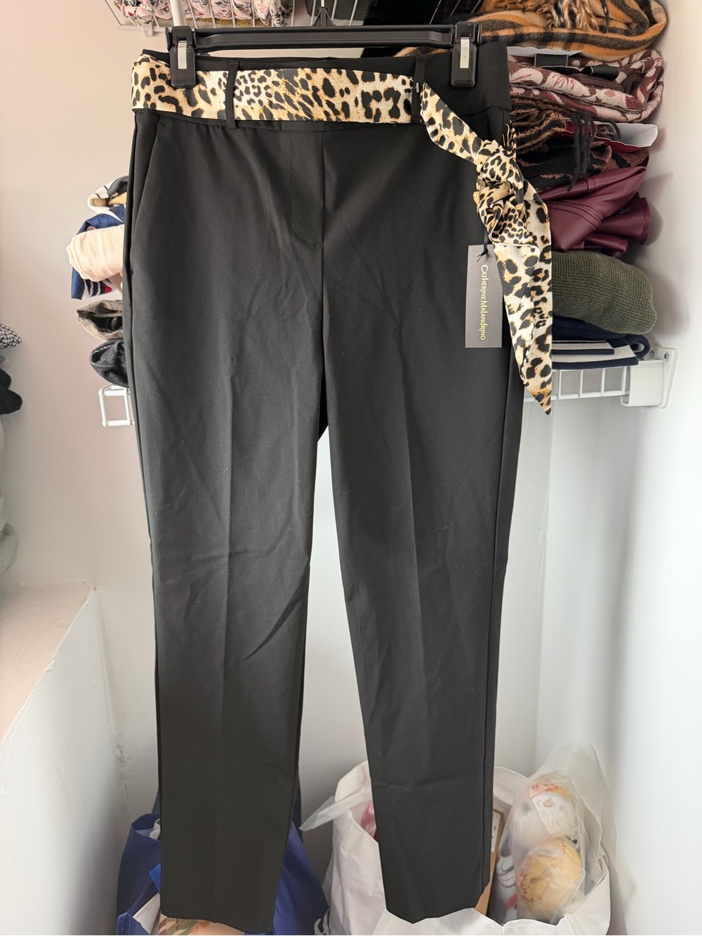 Catherine Malandrino Black Slim Dress Pants with Leopard Print Tie Belt Women XS